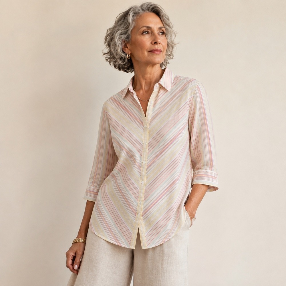 Chico's Women Striped Button Up Shirt 100% Linen 2  No Iron Grannycore Chic